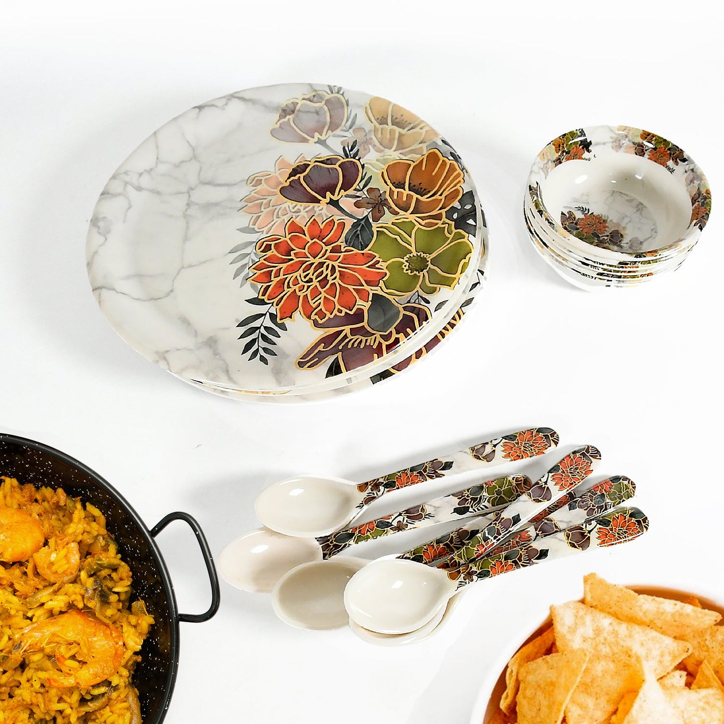 Dream 18-Piece Plastic Dinner Set – Unique Flower Design, 6 Plates, 6 Bowls & 6 Spoons, Microwave & Dishwasher Safe