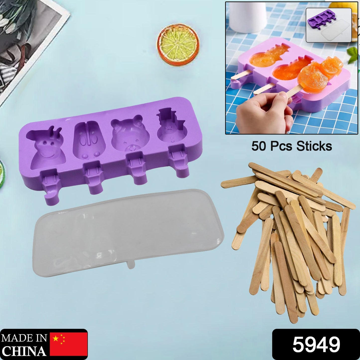 Silicone sicle Molds Ice Cream  Molds 4 Cavities with Lids 50 Pack Sticks for Kids Ice cube Maker Easy Release