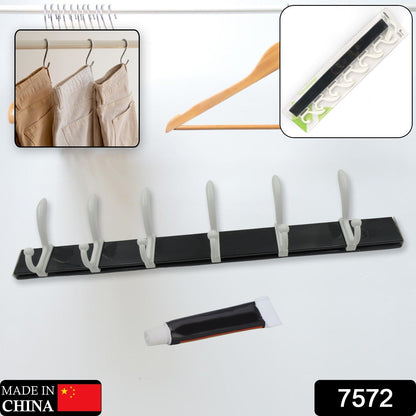 Wall Door Hook Rail | 6 Hook Hanger for Clothes & Hats | With Eco-Friendly Adhesive