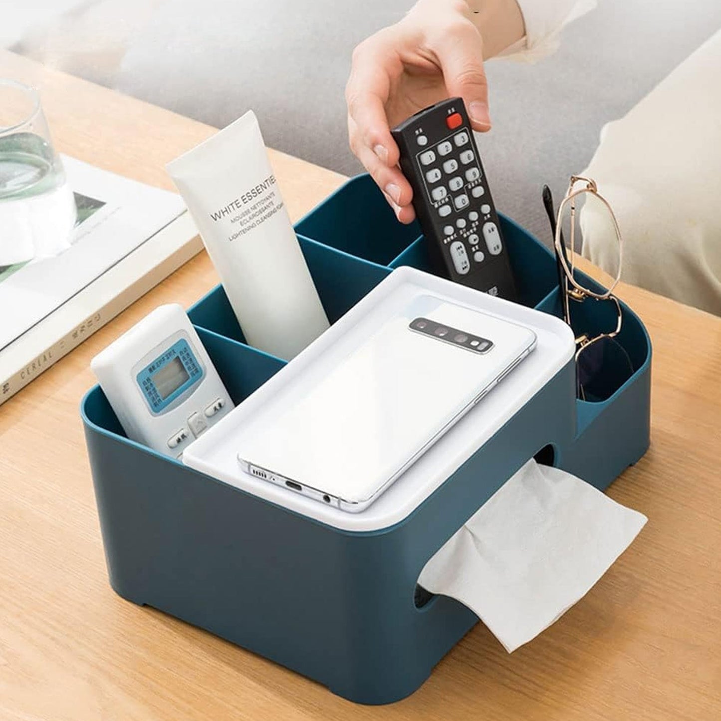 6-Compartment Desk Organizer – Multi-Function Storage for Tissue, Stationery, Remote & Mobile (Home/Office)