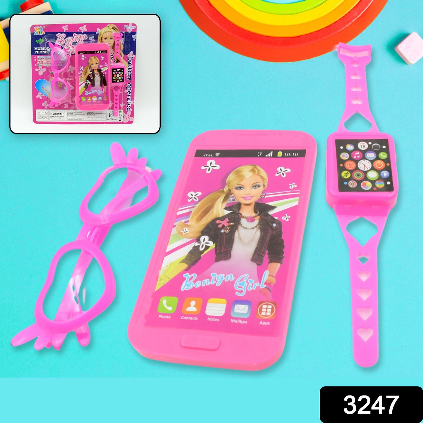 Barbiee Musical Phone, Watch & Glasses Set for Girls – ABS Calling Toy (3-Piece, Battery Not Included)